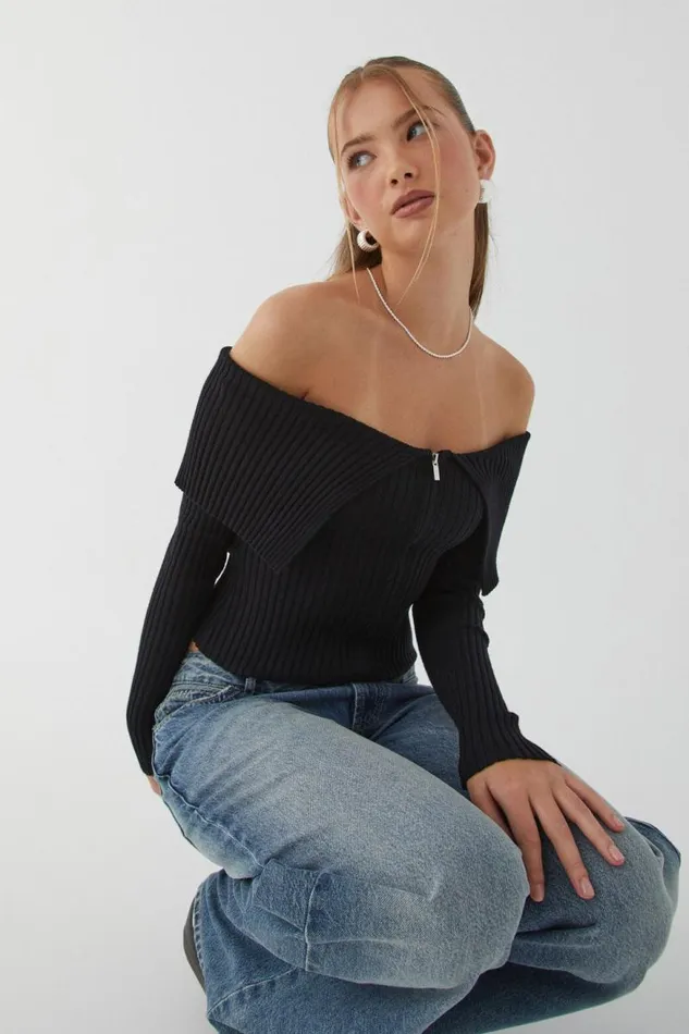 Clothing Supr Knitwear Kenzie Off The Shoulder Rib Knit Black