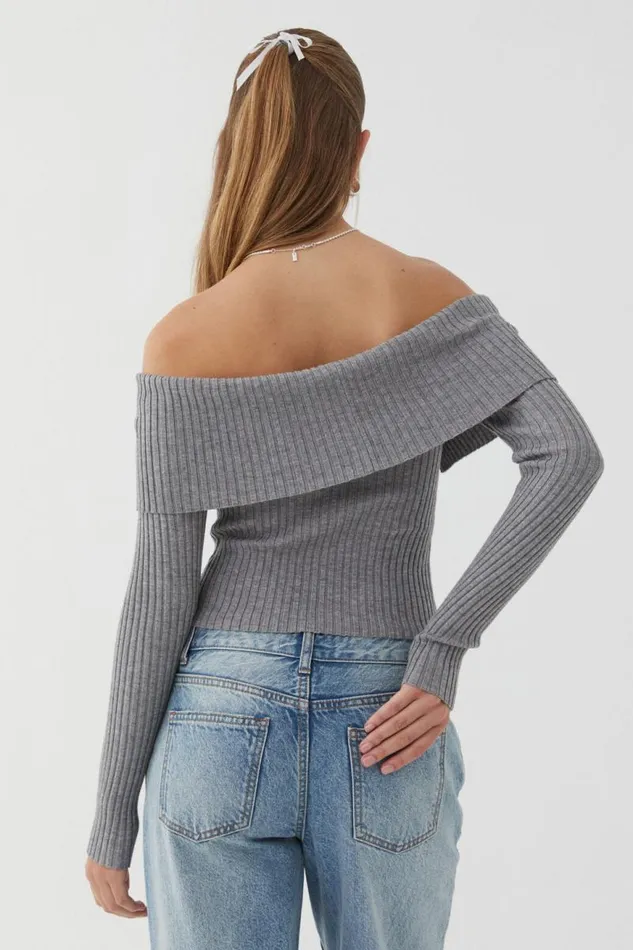 Clothing Supr Knitwear Kenzie Off The Shoulder Rib Knit Dark Grey Marle