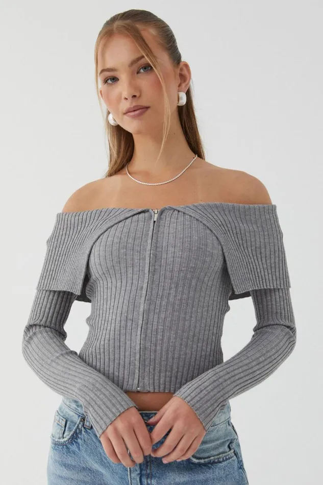 Clothing Supr Knitwear Kenzie Off The Shoulder Rib Knit Dark Grey Marle