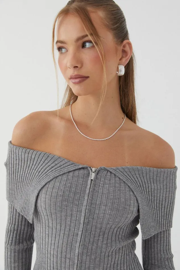 Clothing Supr Knitwear Kenzie Off The Shoulder Rib Knit Dark Grey Marle