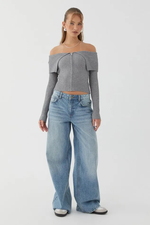 Clothing Supr Knitwear Kenzie Off The Shoulder Rib Knit Dark Grey Marle