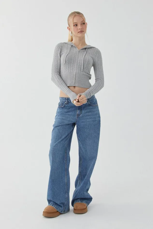 Clothing Supr Knitwear Starlette Zip Through Cable Knit Grey Marle