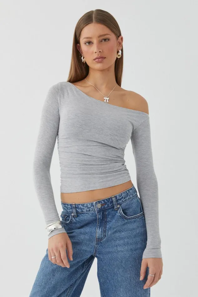 Clothing Supr Long Sleeve Tops Soft Long Sleeve Off Shoulder Top Grey Marle