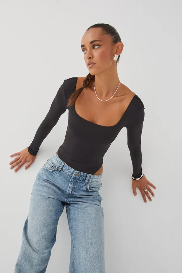 Clothing Supr Luxe Essentials Luxe Square Neck Long Sleeve Bodysuit Black