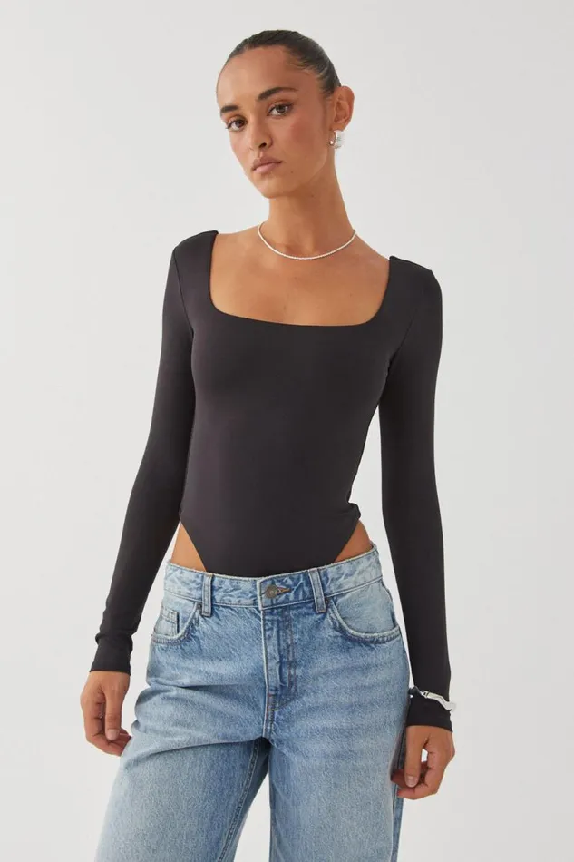 Clothing Supr Luxe Essentials Luxe Square Neck Long Sleeve Bodysuit Black