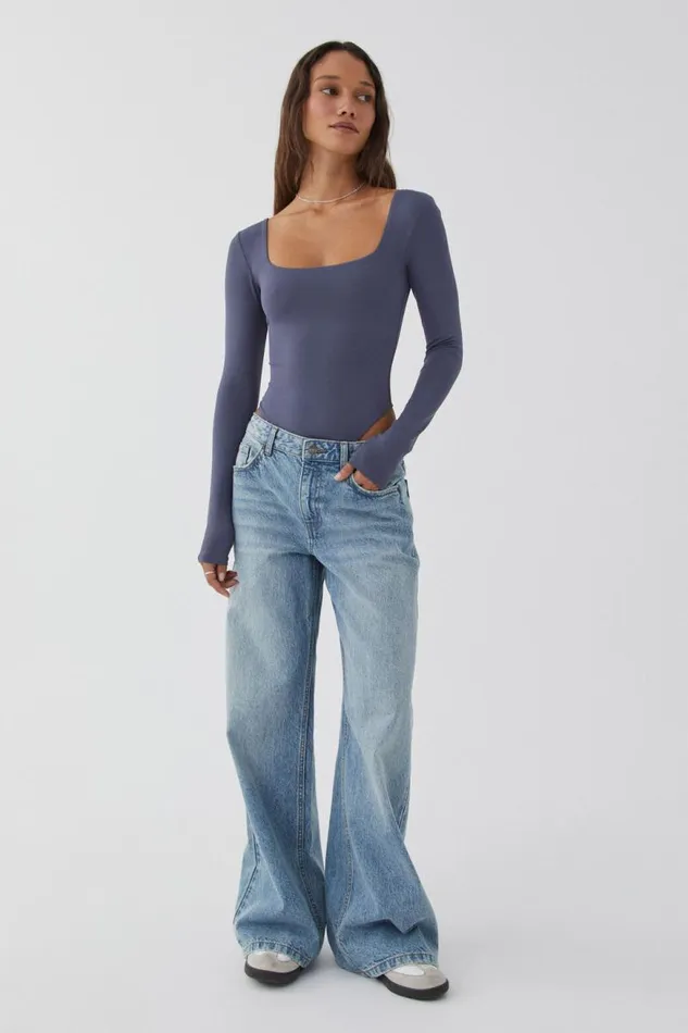 Clothing Supr Luxe Essentials Luxe Square Neck Long Sleeve Bodysuit Weekend Blue