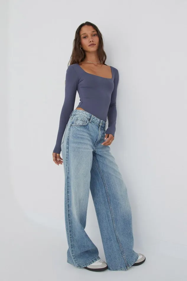 Clothing Supr Luxe Essentials Luxe Square Neck Long Sleeve Bodysuit Weekend Blue