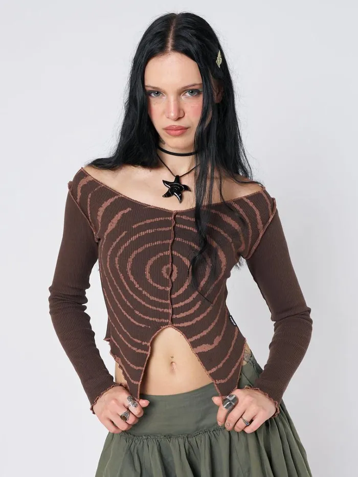 Clothing Tranceum Brown Asymmetrical Top Minga London Long Sleeve Tops