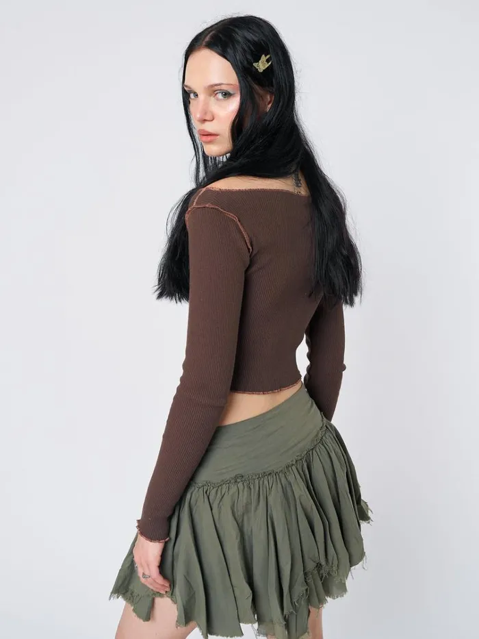 Clothing Tranceum Brown Asymmetrical Top Minga London Long Sleeve Tops