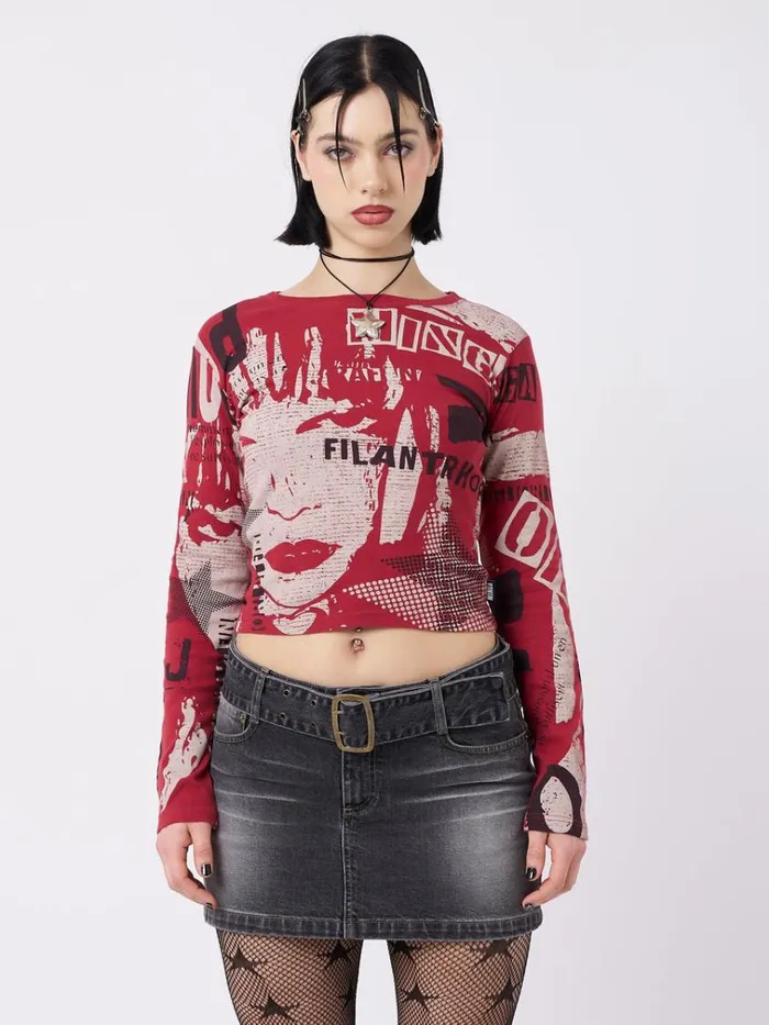 Clothing Veronic Red and Black Graphic Top Minga London Long Sleeve Tops