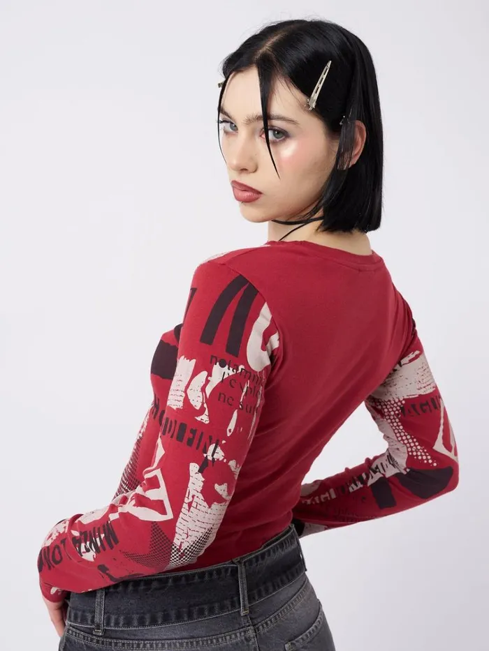 Clothing Veronic Red and Black Graphic Top Minga London Long Sleeve Tops