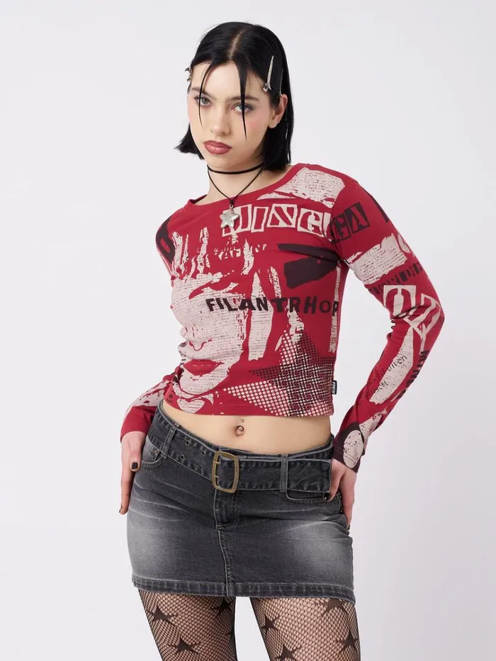 Clothing Veronic Red and Black Graphic Top Minga London Long Sleeve Tops
