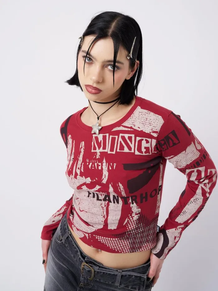 Clothing Veronic Red and Black Graphic Top Minga London Long Sleeve Tops
