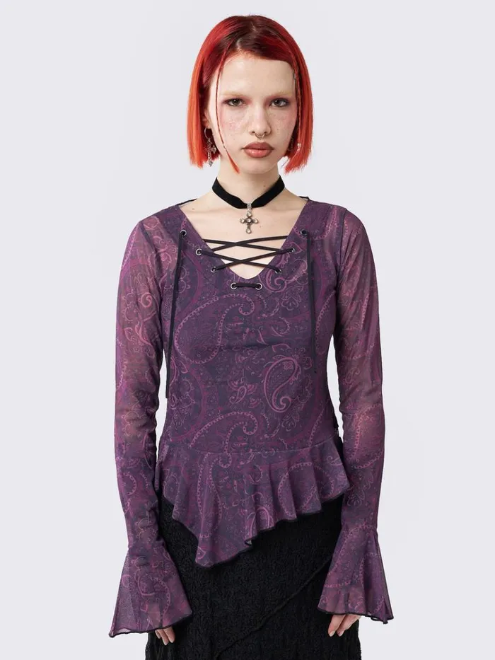 Clothing Winona Lace Up Flared Sleeve Top Minga London Long Sleeve Tops