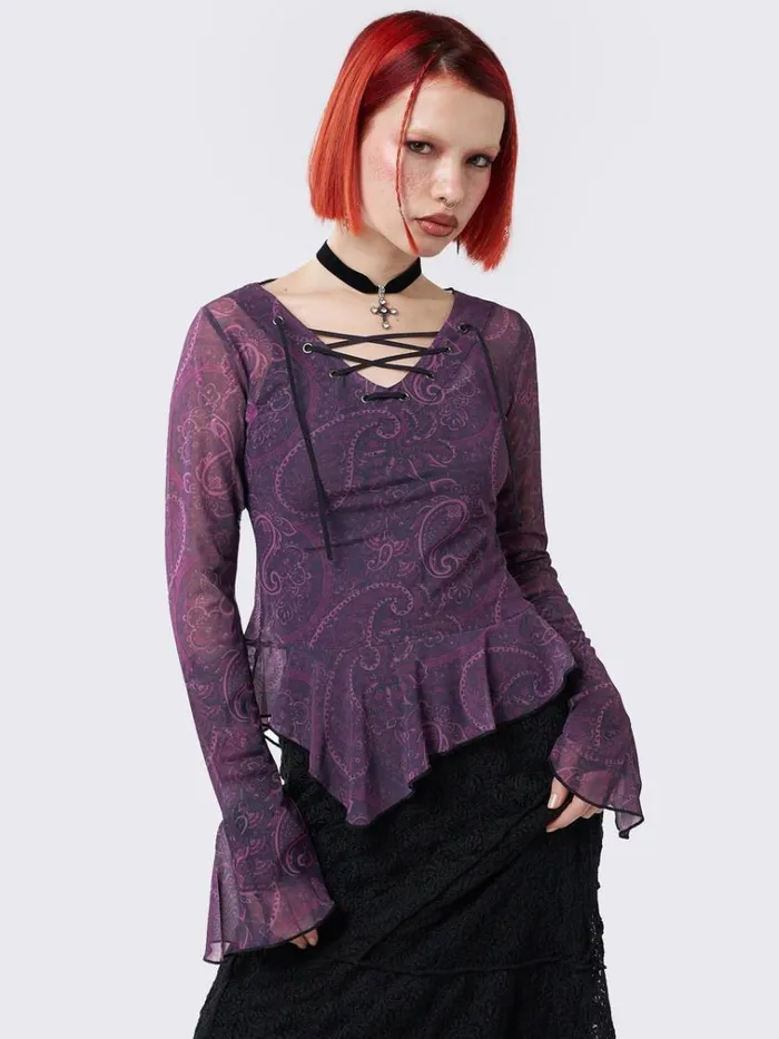 Clothing Winona Lace Up Flared Sleeve Top Minga London Long Sleeve Tops