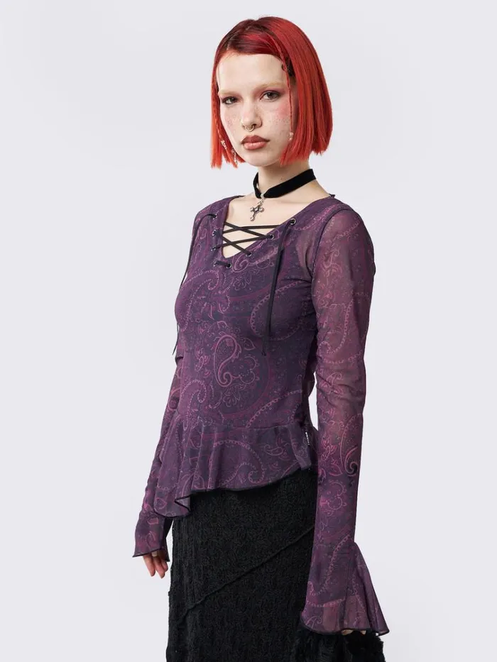 Clothing Winona Lace Up Flared Sleeve Top Minga London Long Sleeve Tops