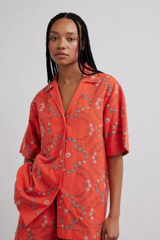 Coords Women Damson Madder Tablecloth Shirt 8211 Red Flower Embroidery
