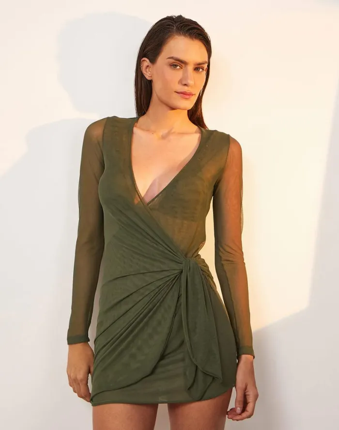 Cover Ups Women ViX Paula Hermanny Emily Long Sleeve Short Cover Up 8211 Evergreen