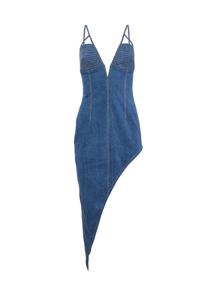 Dresses Clothing Fleur Du Mal Asymmetric Denim High Leg Dress Medium Wash Denim
