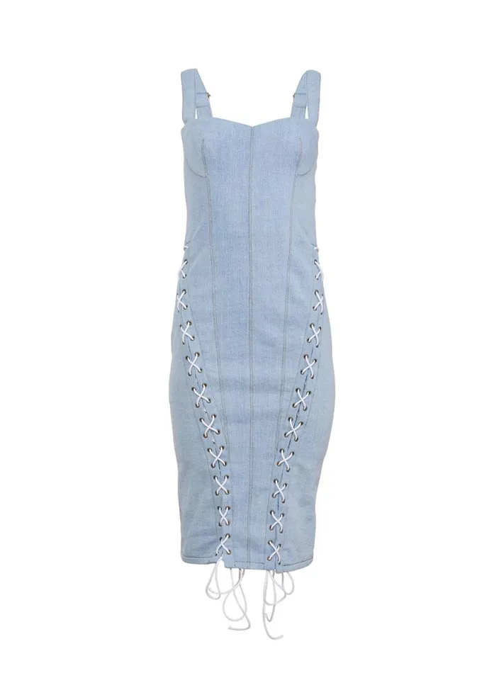 Dresses Clothing Fleur Du Mal Denim Lace Up Dress Light Wash Denim