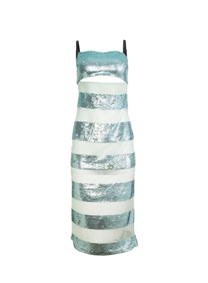 Dresses Clothing Fleur Du Mal Sequin Stripe Midi Dress Jade Sequin Stripe
