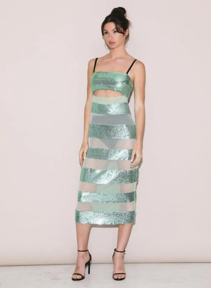 Dresses Clothing Fleur Du Mal Sequin Stripe Midi Dress Jade Sequin Stripe