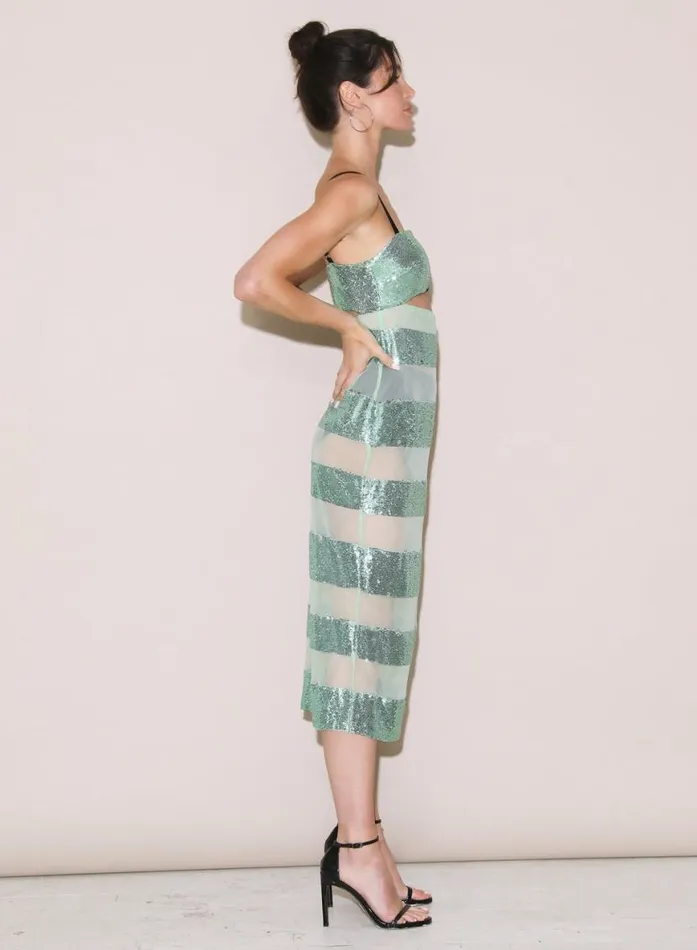 Dresses Clothing Fleur Du Mal Sequin Stripe Midi Dress Jade Sequin Stripe