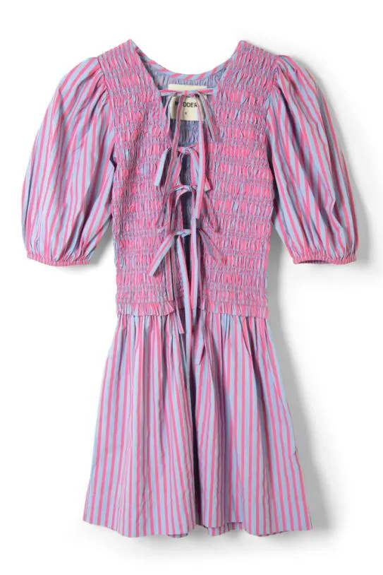 Dresses Women Damson Madder Bluebelle Shirred Mini Dress 8211 Pink and Blue Stripe