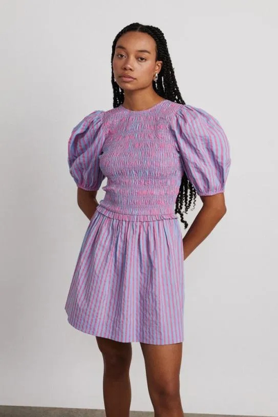 Dresses Women Damson Madder Bluebelle Shirred Mini Dress 8211 Pink and Blue Stripe