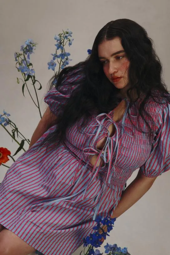 Dresses Women Damson Madder Bluebelle Shirred Mini Dress 8211 Pink and Blue Stripe