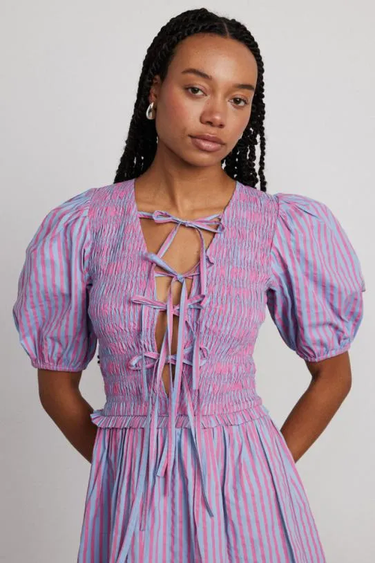 Dresses Women Damson Madder Bluebelle Shirred Mini Dress 8211 Pink and Blue Stripe