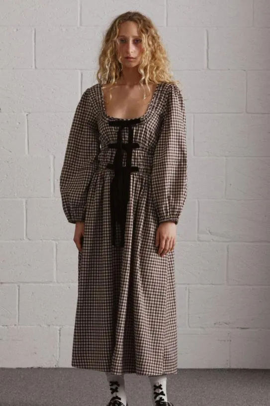 Dresses Women Damson Madder Dakota Bow Midi Dress 8211 Chocolate Check
