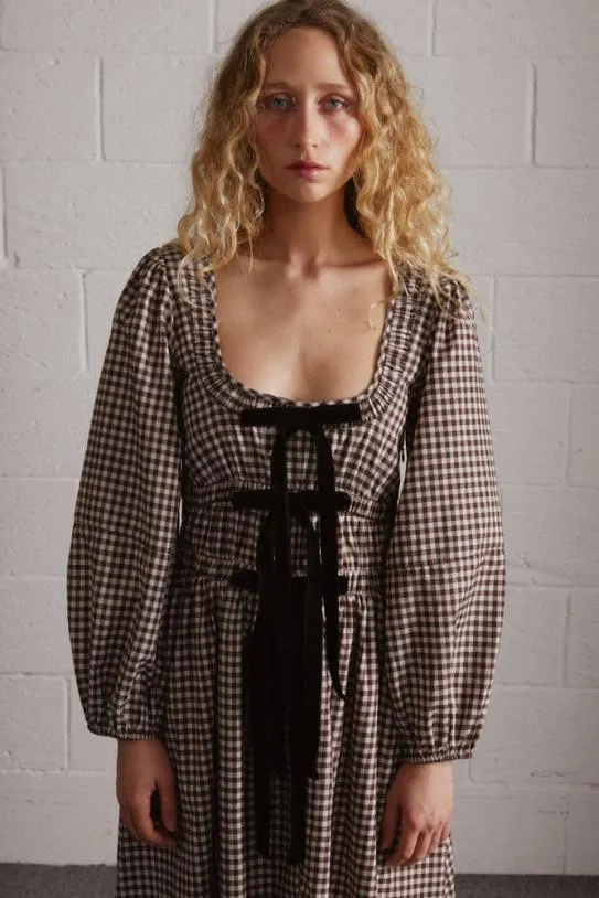 Dresses Women Damson Madder Dakota Bow Midi Dress 8211 Chocolate Check