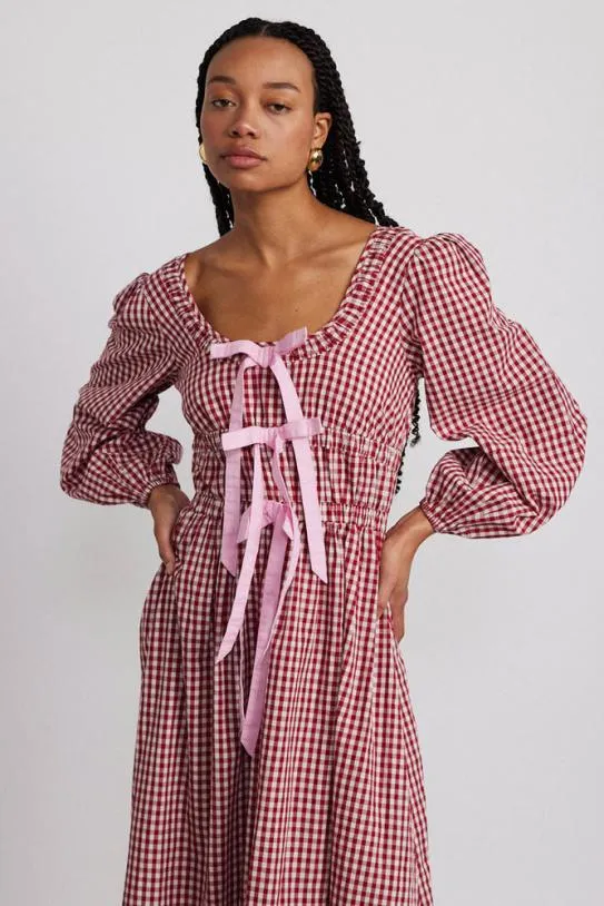 Dresses Women Damson Madder Dakota Bow Midi Dress 8211 Red Gingham
