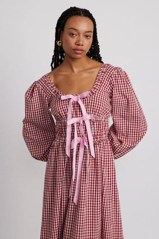 Dresses Women Damson Madder Dakota Bow Midi Dress 8211 Red Gingham