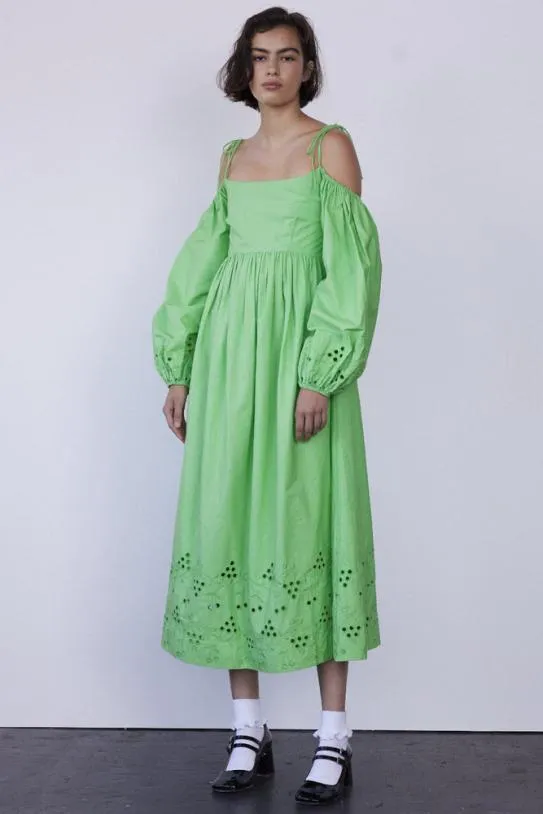 Dresses Women Damson Madder Edwina Green Broderie Bardot Midi Dress