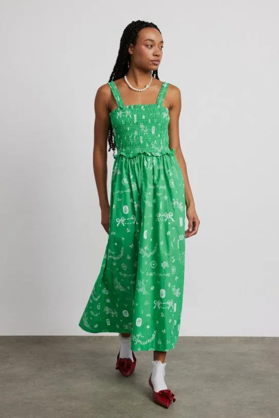 Dresses Women Damson Madder Keira Shirred Midi Dress 8211 Green Symbol Print