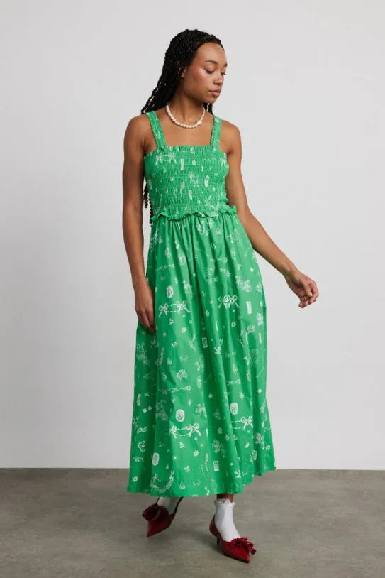 Dresses Women Damson Madder Keira Shirred Midi Dress 8211 Green Symbol Print