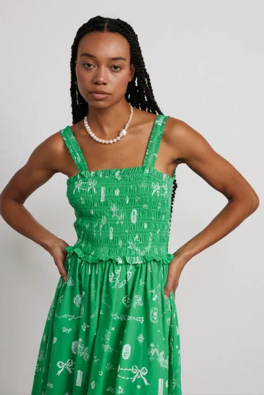 Dresses Women Damson Madder Keira Shirred Midi Dress 8211 Green Symbol Print