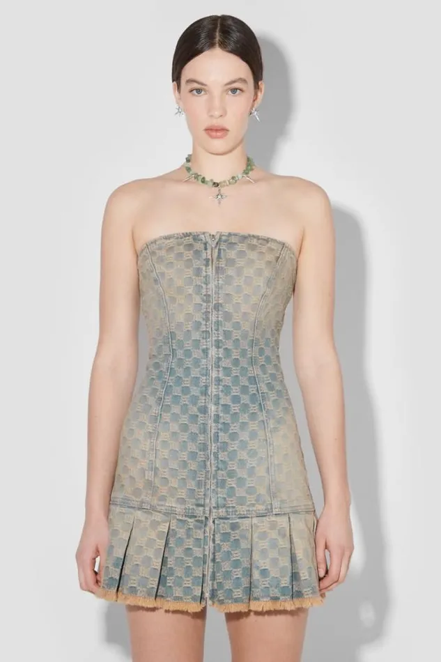 Dresses Women MISBHV Jacquard Denim Monogram Pleated Mini Dress Blue