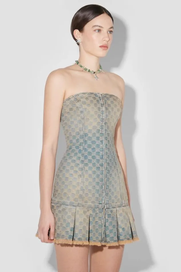 Dresses Women MISBHV Jacquard Denim Monogram Pleated Mini Dress Blue