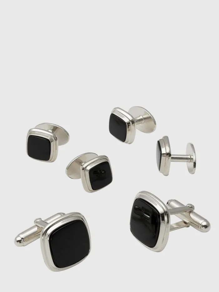 Formal Shop Mens Paul Stuart Black Onyx and Gold Vermeil Square Cufflink Stud Set Silver