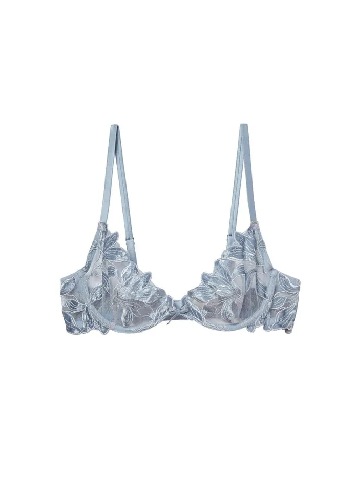 Fuller Cup Bras Lingerie Fleur Du Mal Fuller Cup Velvet Lily Embroidery Plunge Demi Bra Steel Blue