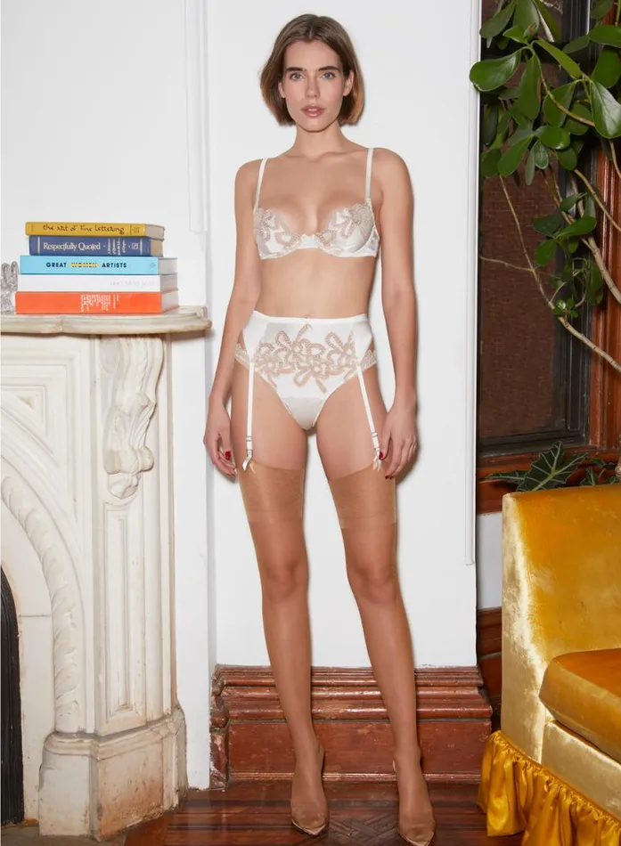 Garters and Belts Lingerie Fleur Du Mal Bow Guipure Embroidery Garter Ivory