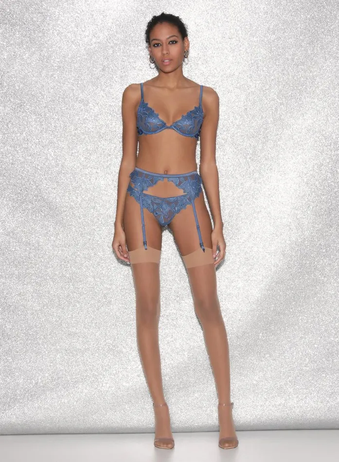 Garters and Belts Lingerie Fleur Du Mal Denim Lily Embroidery Garter Belt Denim