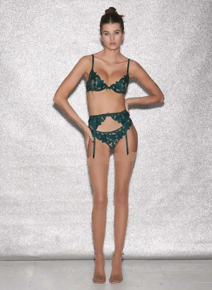 Garters and Belts Lingerie Fleur Du Mal Lily Embroidery Garter Belt Evergreen