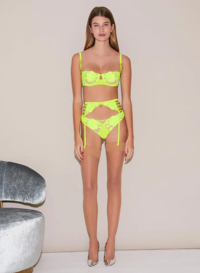 Garters and Belts Lingerie Fleur Du Mal Rose Logo Embroidery Garter Belt Neon Yellow