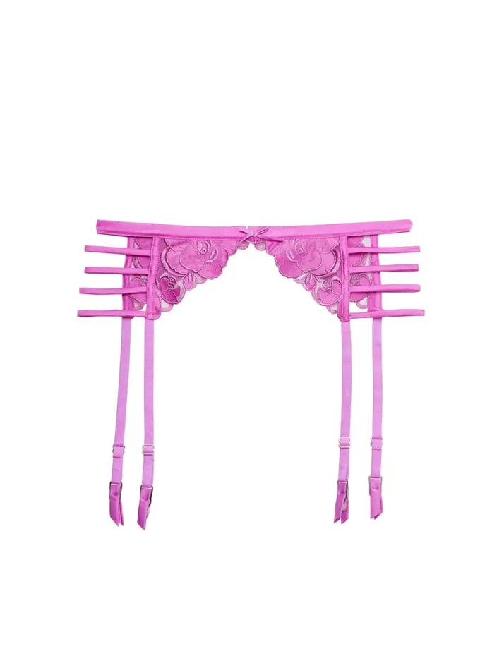 Garters and Belts Lingerie Fleur Du Mal Rose Logo Embroidery Garter Belt Pink Iris