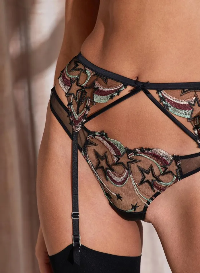 Garters and Belts Lingerie Fleur Du Mal Shooting Star Embroidery Garter Belt Black