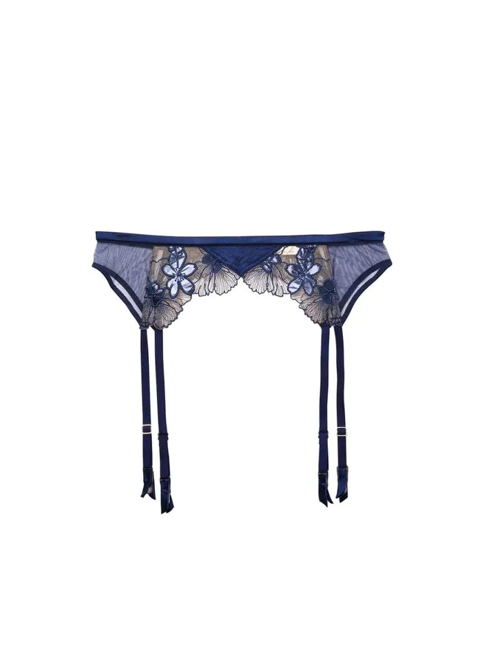 Garters and Belts Lingerie Fleur Du Mal Violet Embroidered Garter Belt Nighttime Blue